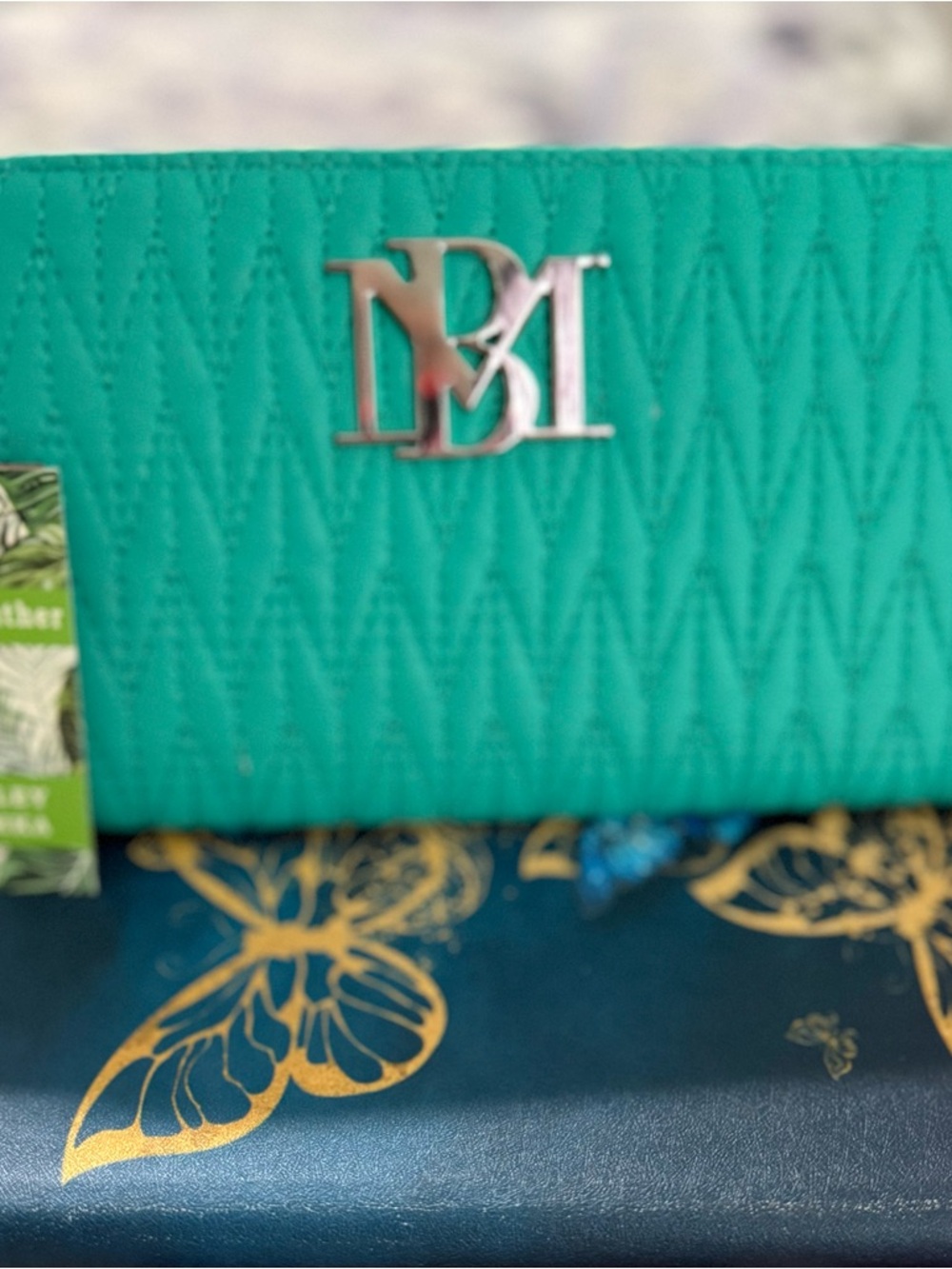Badgley Mischka Teal Quilted Clutch with Silver Logo